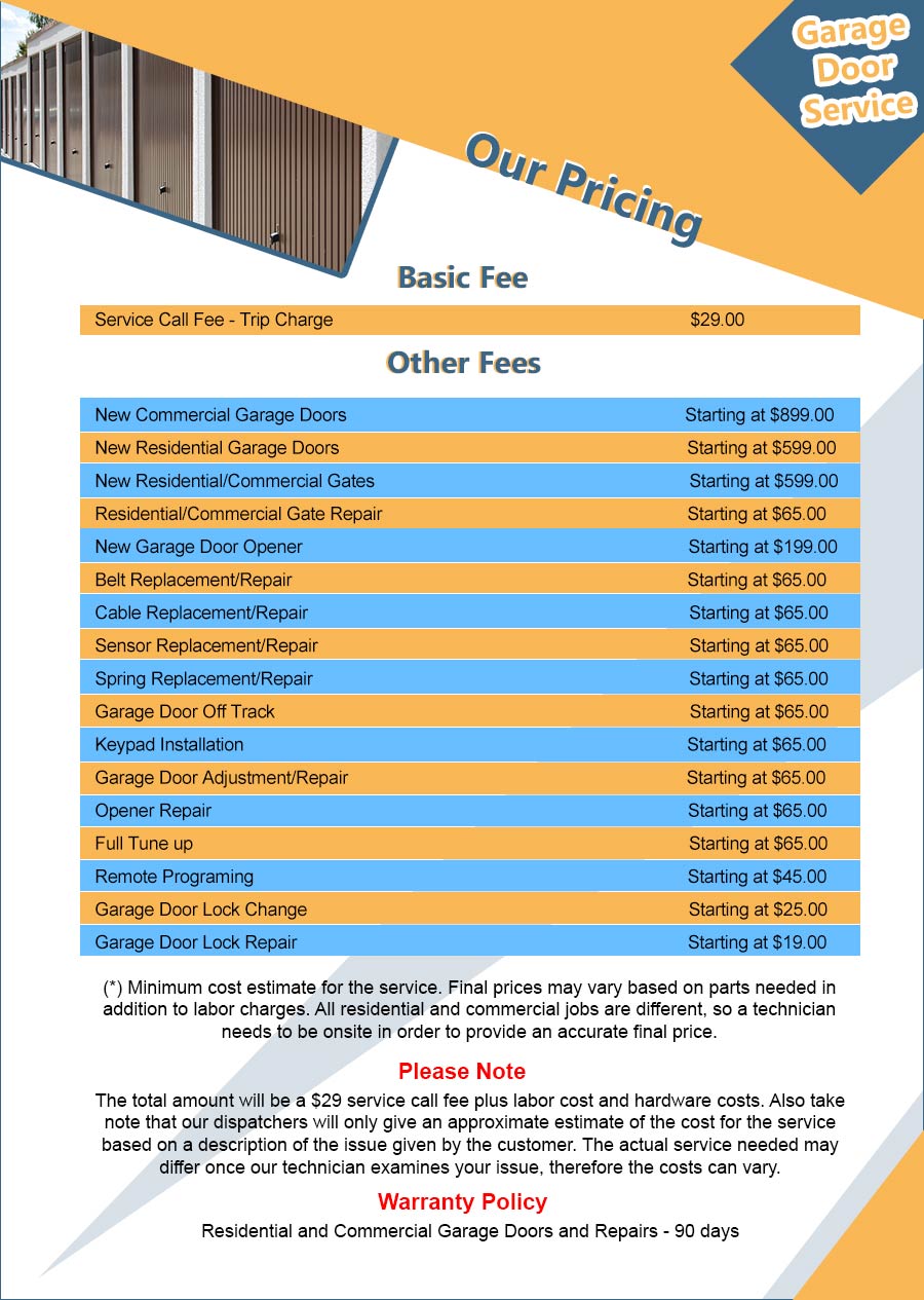 Price List United Garage Doors